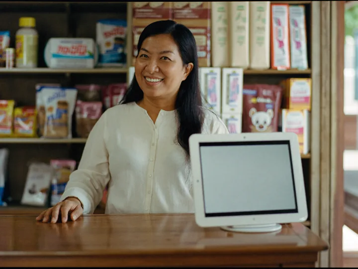 Pemilik warung serba ada tersenyum di belakang meja kasir kayu dengan tablet di atasnya